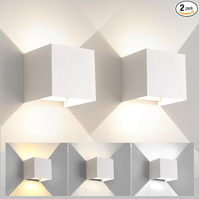 White Wall Sconces Set of Two,3 Color Temperatures Hardwired Up and Down Outdoor Lights,15W Indoor Wall Sconce,4.33 Inch Exterior/Interior Wall Lights for Living Room Bedroom Hallway Porch Yard 2 Pack
