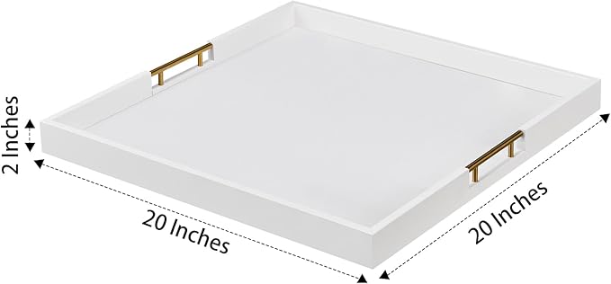 20x20 Inches Large White Faux Leather Wrapped Wood Ottoman Tray with Handles for All Occasions, Serving Food Breakfast on Bed, Home Decor Decorative, Living Room,Square Coffee Table Organizer