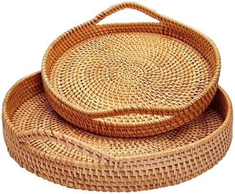 Round Rattan- Handmade Serving Tray-Decorative Woven Ottoman-Trays with Handles for Coffee Table Natural Basket Wave Tray (L- 13.7 Inch & M-11.8 Inch)