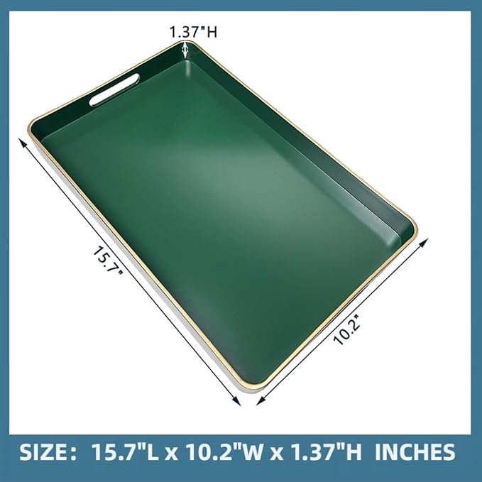 Rectangular Decorative Tray, Plastic Serving Trays with Handles, Coffee Table Tray for Ottoman, Living Room, Kitchen, Home Decor 15.7” x 10.2” x1.37”(Green)