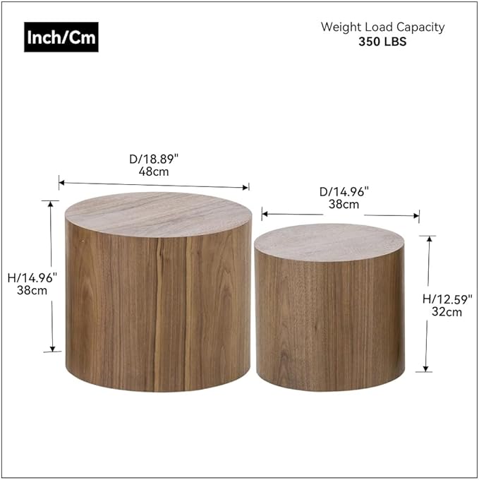 Round Coffee Table Set of 2, Nesting Coffee Table and End Table Set Wood Small Circle Drum Side Table for Living Room Office, No Assembly,Walnut