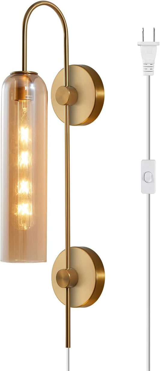 BOKT Modern 1-Light Amber Glass Wall Sconce Plug in Mid Century Brass Gold Wall Sconce Lighting Plug in Cord Industrial Vintage Indoor Long Bathroom Bar Wall Lamp (Amber)