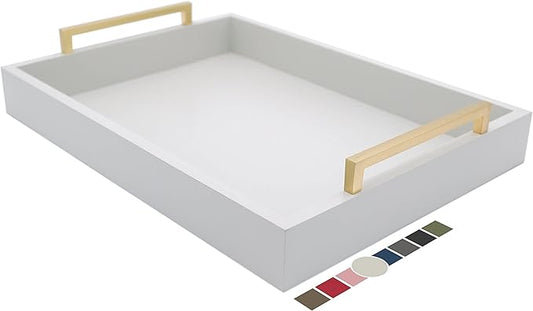 Decorative Coffee Table Tray - Ottoman Tray - Breakfast, Drinks, Liquor Serving Platter - from Farmhouse to Modern - Matte Finish - Champagne Gold Handles - Harbor Gray