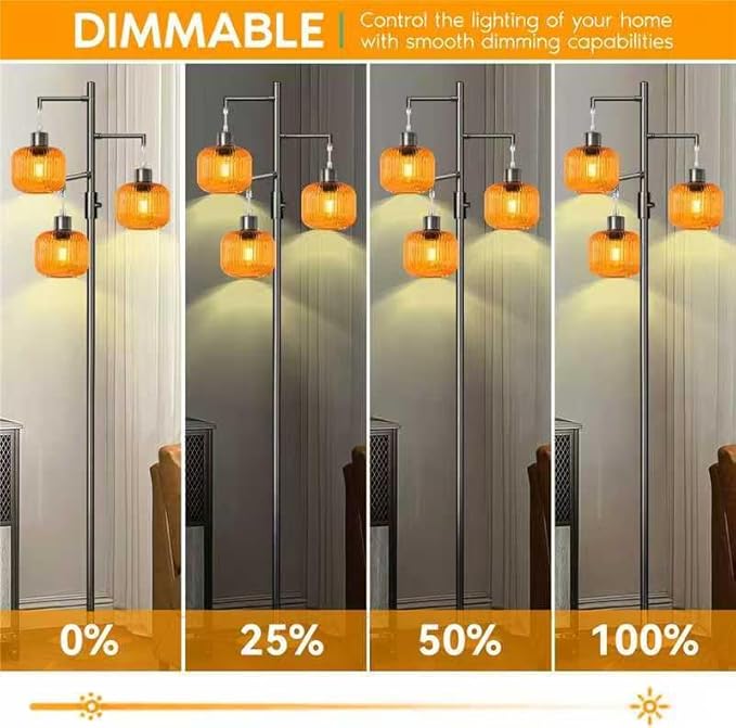 Dimmable Glass Floor Lamp for Living Room,3 Lights Standing Lamp for Living Room, Modern Standing Tree Lamp with Orange Glass Shade, 69In Tall Lamp for Bedroom Office, 3×600 LM LED Bulbs Included
