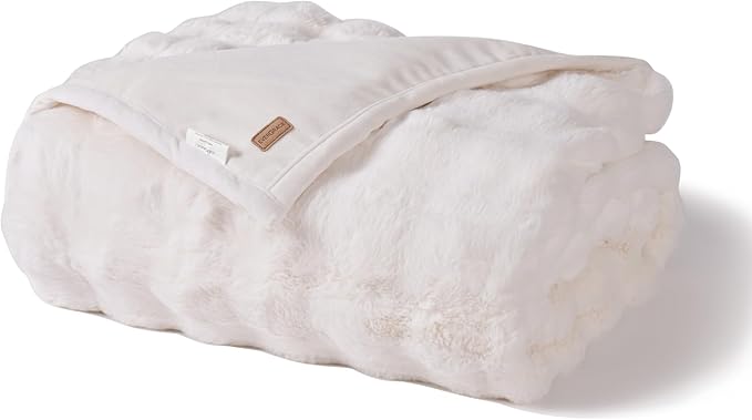 EverGrace Ultra Soft Luxury Fluffy Faux Rabbit Fur Throw Blanket, Thick Warm Bubble Throw for Bed, Cozy Plush Reversible Blankets for Couch, Chair, Sofa, Ivory White, 60x80 Inches