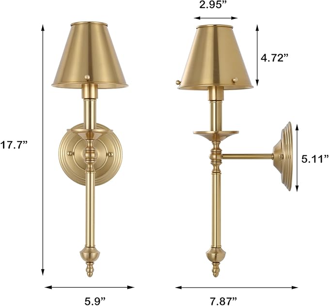Brushed Brass Wall Sconce Modern Gold Bathroom Wall Lighting Vanity Light Fixtures with Metal Lampshade Industrial Mid Century Wall Mount Lights for Living Room Bedroom Stairs Corridor Mirror