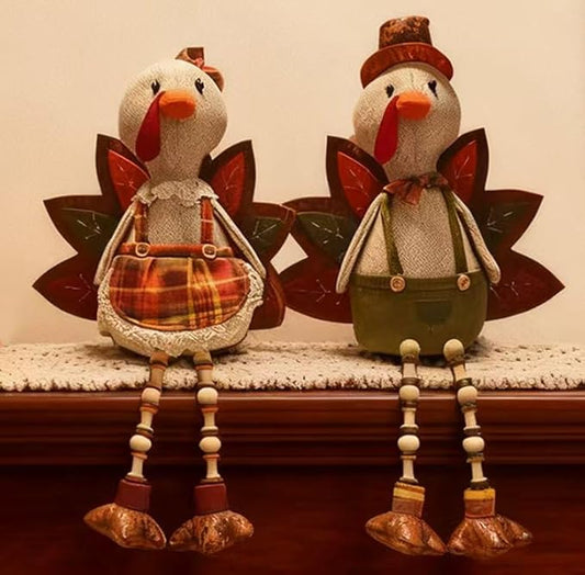 Thanksgiving Tabletop Decoration Stuffed Turkey, 12"*17" Turkey Shelf Sitting,Animals Figurines, Couple Doll Handmade Ornaments Fall Decor for Mantel Fireplace (1SET 2PCS)