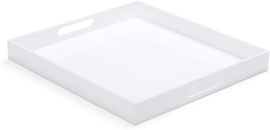 White Modern Acrylic Ottoman Tray with Cutout Handles 22x22 Inch Over-Sized Serving Tray Rubber Boot Tray Organizer Decorative Tray for Living Room, Bedroom,Bathroom and Kitchen Tabletop