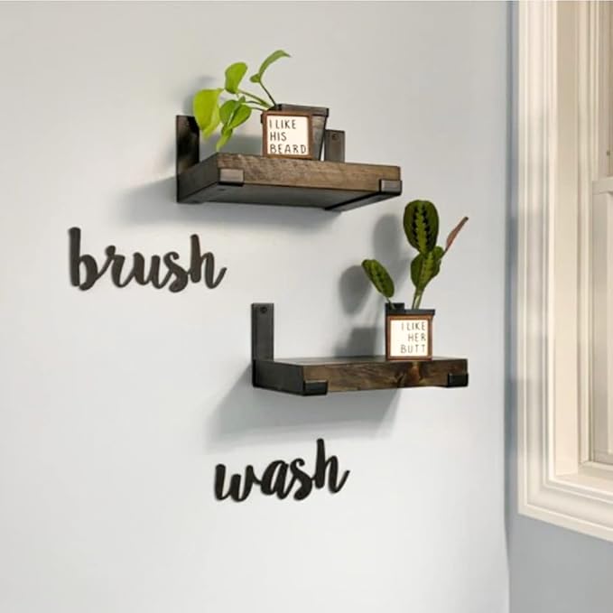 Rustic Shelves with J-Brackets Set of 2, Industrial Shelf, Kitchen Shelves, Solid Wood, Decorative Wall Storage, Heavy Duty, URBANDI (Dark Brown, 24Wx6D)