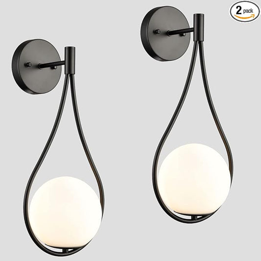 HOLKIRT Black Wall Sconces Set of Two Mid Century Modern Wall Light Fixtures for Bedroom Living Room Bathroom with White Opal Hand Blown Globe Glass