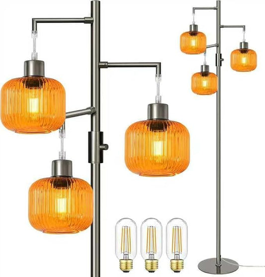 Dimmable Glass Floor Lamp for Living Room,3 Lights Standing Lamp for Living Room, Modern Standing Tree Lamp with Orange Glass Shade, 69In Tall Lamp for Bedroom Office, 3×600 LM LED Bulbs Included