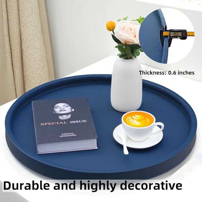 30-inch Round Ottoman Serving Tray - Textured PU Leather Coffee Table Decor, Waterproof Heat-Resistant Large Organizer for Home, Office, Bed & Party Essentials (Navy Blue, 30)