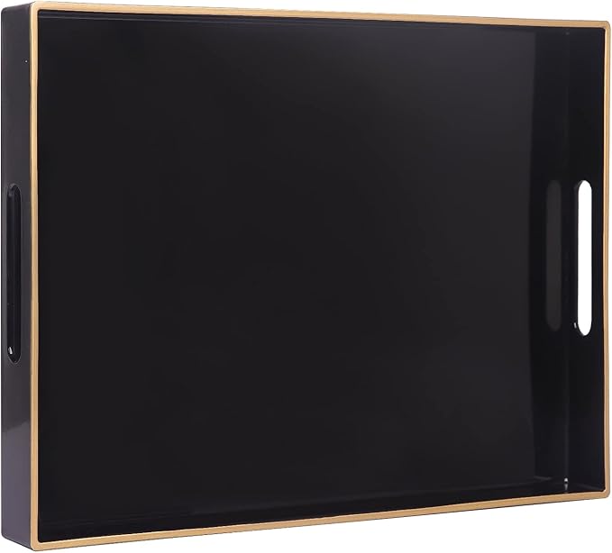 MAONAME Black Serving Tray with Handles, Rectangular Decorative Tray, Modern Coffee Table Trays, Plastic Ottoman Trays for Bathroom, Decor, 15.7” x 11.8” x 1.57"