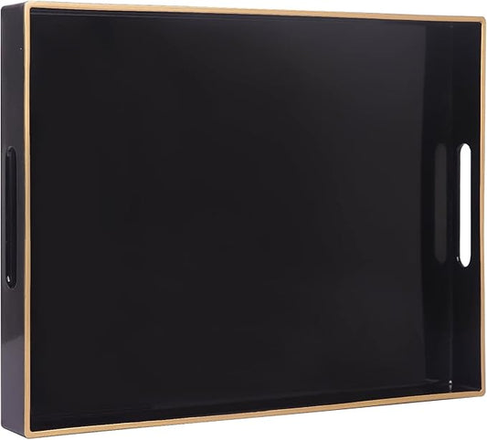 MAONAME Black Serving Tray with Handles, Rectangular Decorative Tray, Modern Coffee Table Trays, Plastic Ottoman Trays for Bathroom, Decor, 15.7” x 11.8” x 1.57"
