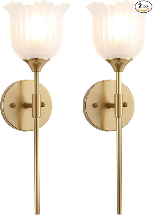 Gold Wall Sconce Set of 2 with Frosted Glass Shades Modern Mid Century Bathroom Vanity Wall Light Fixtures Industrial Brushed Brass Wall Lamp for Bedroom Mirror Living Room Restaurant