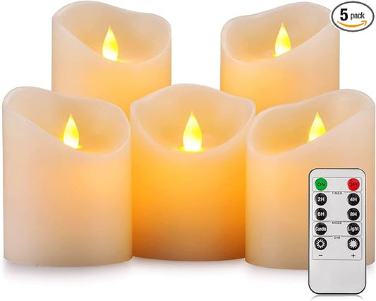 Flameless Candles, Flickering Moving Flame LED Candles Set of 5 (Size: D: 3" x H: 4"/4"/4"/6"/6") Pillar Realistic Real Wax Battery Operated Candles with Remote Control 2 4 6 8 Hours Timer