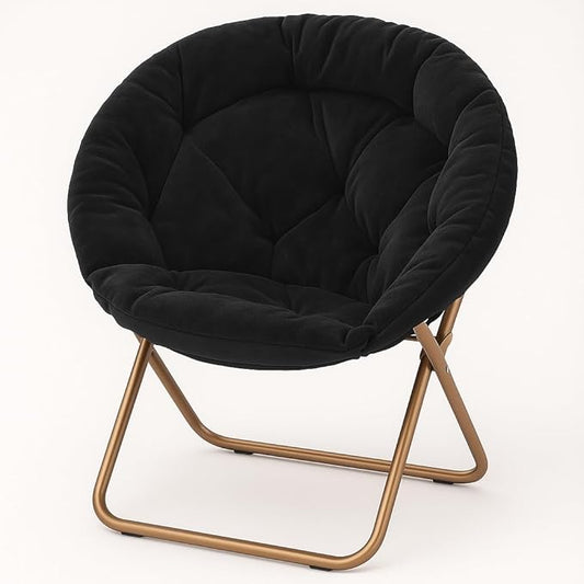 Magshion Saucer Chair for Adults, Comfy Living Room Lounge Chair for Bedroom Corner, Dorm, Apartment, Faux Fur Fluffy Circle Accent Seat with Thick Padded & Folding Metal Frame (Black)