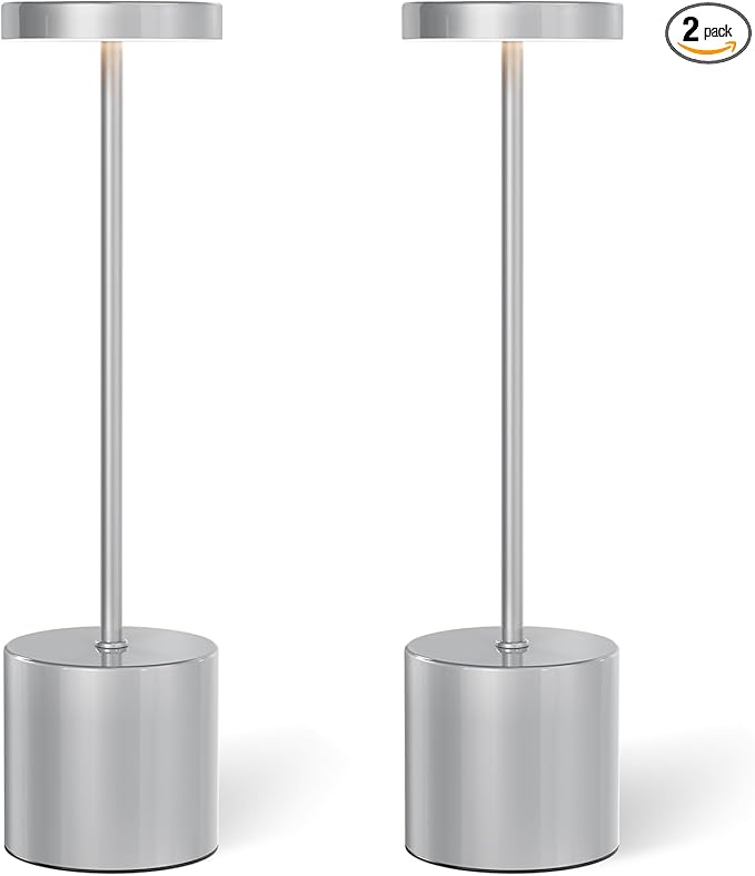 Cordless Table Lamp – 2 Pack Rechargeable Table Lamps, 5000mAh Battery Operated Lamp with 3-Color Dimmable Light, Outdoor Table Lamp for Bedroom, Restaurant, Patio, Home Décor (Silver)