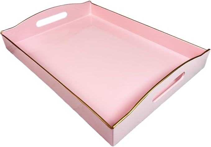 Pink Serving Tray with Handles, Plastic Decorative Tray for Coffee Table, Ottoman - Ideal for Living Room & Bathroom. 15” x 11” x 2.5”