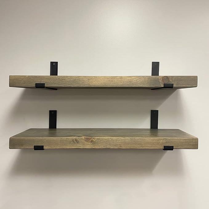 Rustic Shelves with J-Brackets Set of 2, Industrial Shelf, Kitchen Shelves, Solid Wood, Decorative Wall Storage, Heavy Duty, URBANDI (Grey, 24Wx6D)