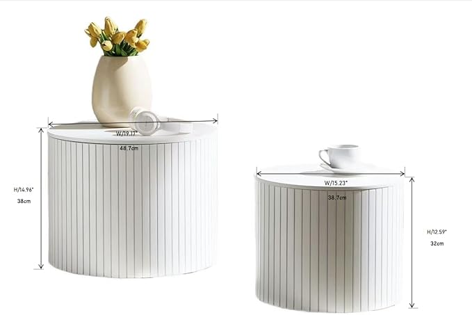Round Storage Side Table Set of 2, Nesting Coffee Tables with Hidden Storage, Modern Wood Accent End Table for Living Room, Bedroom, Small Space, Minimalist Bedside Table, No Assembly(White)