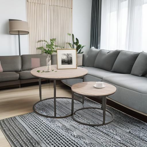 HOJINLINERO Industrial Round Coffee Table Set of 2 End Table for Living Room,Stacking Side Tables, Sturdy and Easy Assembly,Wood Look Accent Furniture with Metal Frame,Black+Teak Oak