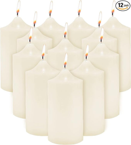 Super Z Outlet Unscented Pillar Candles for Weddings, Home Decoration, Relaxation, Spa, Smokeless Cotton Wick (12, Ivory, 3"x6")