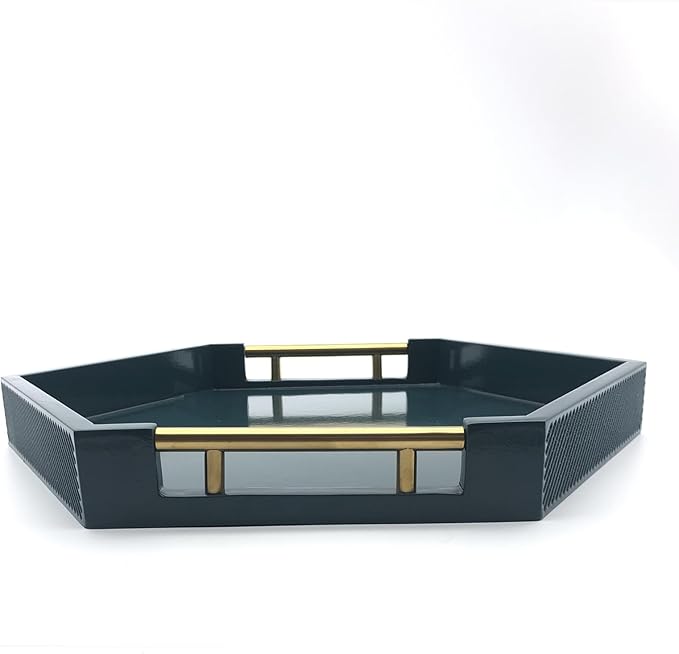Serving Tray with Polished Metal Handles, Hexagon Coffee Table Tray, Modern Rectangle Decorative Tray, Large Ottoman Tray, Perfect for Storage and Display (Teal Hexagon)