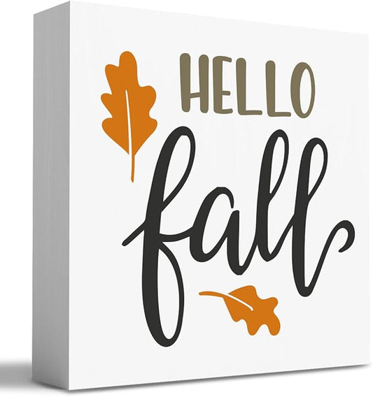 Fall Wooden Box Sign for Tiered Tray, 5.1 X 5.1 Inch Pumpkin Autumn Wood Sign for Home Living Room Harvest Day Thanksgiving Tabletop Decor - Hello Fall