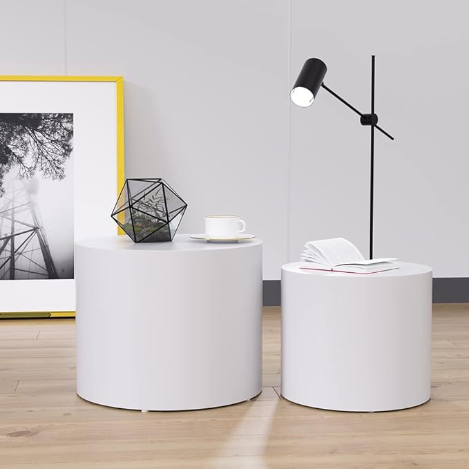 Round Coffee Table Set of 2, Nesting Coffee Table and End Table Set Wood Small Circle Drum Side Table for Living Room Office, No Assembly,White