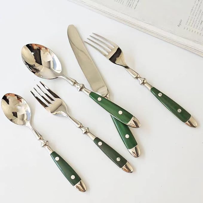 20-Piece Silverware Set, Stainless Steel Flatware Set, Service for 4, Vintage Cutlery Set with Green Bakelite Handle, Mirror Polished | Rustic | Dishwasher Safe