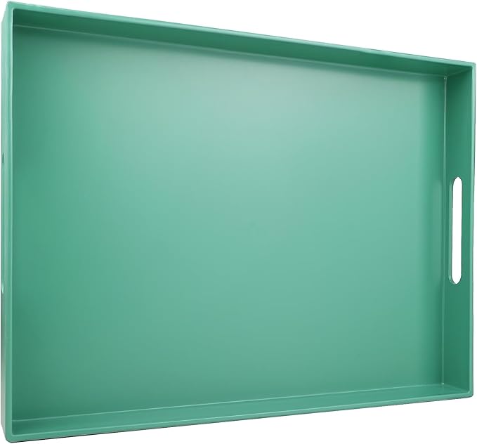 Green Serving Tray for Coffee Table, Rectangular Plastic Decorative Tray with Handles for Entertaining, Outdoor Patio, Living Room, Ottoman, Bathroom Counter, 11.8”*15.7”*1.6”