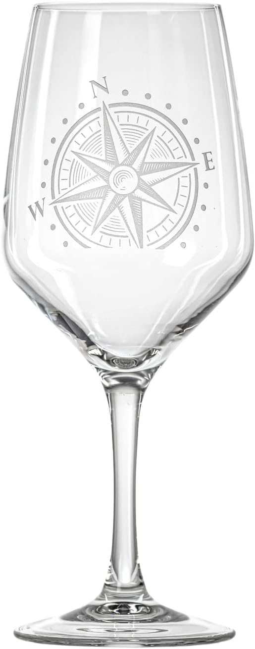 Rolf Glass Compass Star All Purpose Wine Glass | 19.5 Ounce Stemmed Wine Glass | Set of 4 Lead-Free Glassware | Nautical-Themed with Intricate Compass Star Design