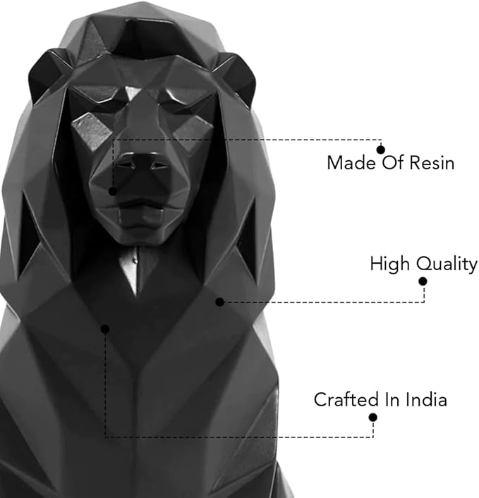 Black Lion Statue for Home Decor Geometric Style Sitting Black Lion Figurine Home Decorative Showpiece, Lion Idol for Office Decoration, Handmade Animal Statue Resin, Size 7.67 inch