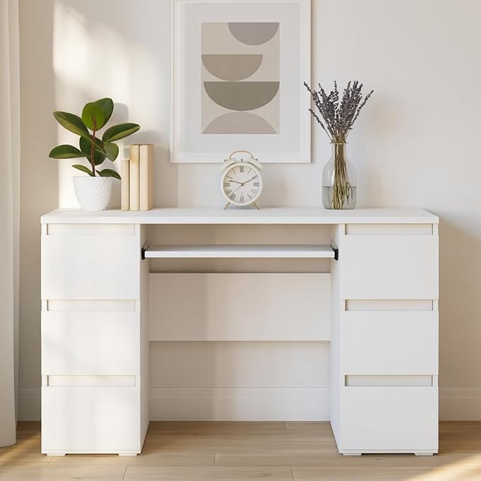 47'' Computer Desk with 6 Drawers and Keyboard Shelf, Modern Wood Writing Desk with Storage for Home Office, Bedroom, Gaming, Study, or Vanity Table – White