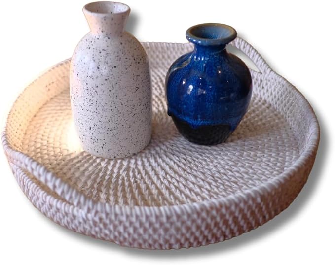 White Wash Round Rattan- Handmade Serving Tray-Decorative Woven Ottoman-Trays with Handles for Coffee Table Natural Basket Wave Tray (L- 13.7 Inch & M-11.8 Inch), Brown