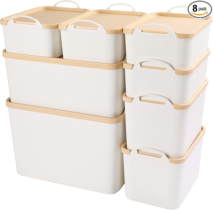 ANMINY 8PCS Plastic Storage Bins Containers with Lids, Large White Storage Organization Bins Boxes, Lidded Plastic Storage Baskets for Closet Shelves Drawers Desktop Home Office, Wheat Lids