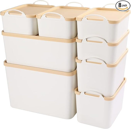 ANMINY 8PCS Plastic Storage Bins Containers with Lids, Large White Storage Organization Bins Boxes, Lidded Plastic Storage Baskets for Closet Shelves Drawers Desktop Home Office, Wheat Lids