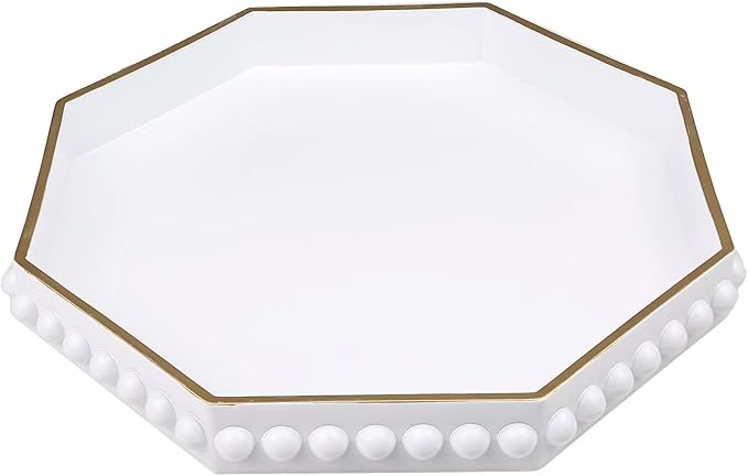 White Serving Tray for Coffee Table, Octagonal Beaded Plastic Decorative Tray for Ottoman, Kitchen Counter, Living Room, Outdoor Lacquer Tray for Entertaining