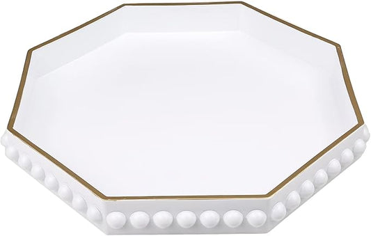 White Serving Tray for Coffee Table, Octagonal Beaded Plastic Decorative Tray for Ottoman, Kitchen Counter, Living Room, Outdoor Lacquer Tray for Entertaining