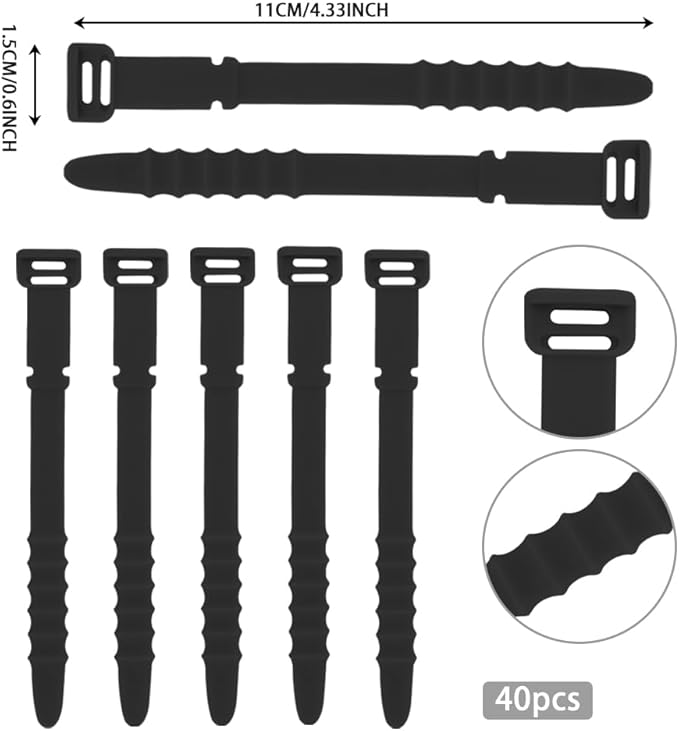 Reusable Zip Ties, Silicone Zip Ties, 20pcs Rubber Cable Ties, Reusable Fastening Cable Ties,Twist Ties for Bags,Travel Items,Camping Gear Must Haves,Black Cord Ties 4.5inch (40Pcs Black)