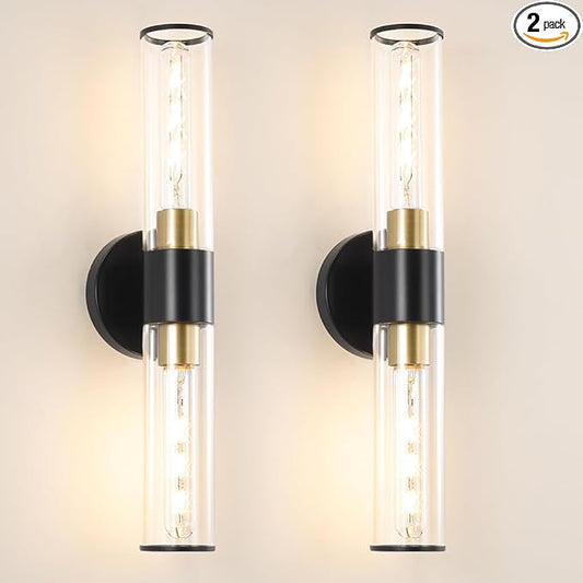 Black and Gold Bathroom Wall Sconces, Hardwired Sconce Wall Decor Set of 2, Modern Wall Sconce with Clear Glass, Bathroom Sconces over Mirror, Wall Light Fixtures for Hallway, Bedroom (Bulbs Required)