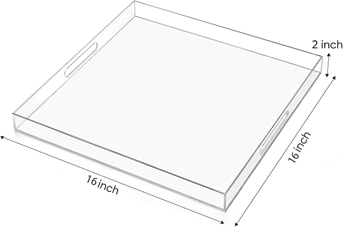 16×16 inches Oversized Clear Acrylic Ottoman Tray Extra Large Decorative Tray Spill-Proof Serving Trays with Handles King-Size Safe Edge Organizer for Coffee Table Countertop Breakfast