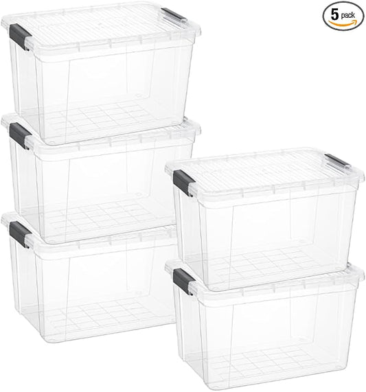 Superio Clear Storage Boxes with Lids, 14.25 Quart Plastic Container Bins for Organizing, Stackable Crates, BPA Free, Non Toxic, Odor Free, Organizers for Home, Office and Dorm, 5 Pack