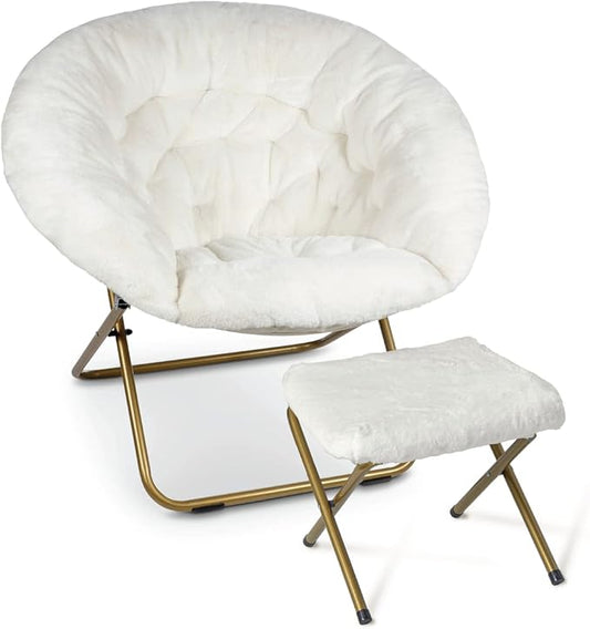 Milliard Cozy Chair/Faux Fur Saucer Chair for Bedroom/X-Large (White + Footrest)