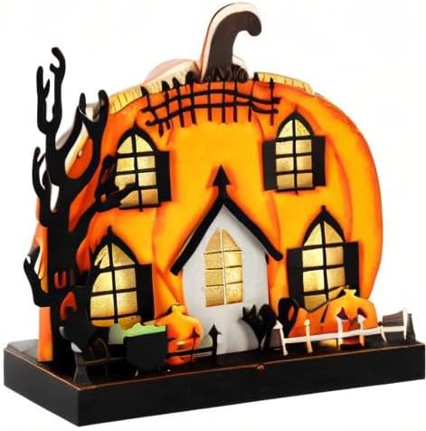 Lulu Home Halloween Tabletop Decoration, Wooden Lighted Pumpkin House Decoration Ornaments, Battery Operated Halloween Sign Indoor Fireplace Desk Kitchen Table Ornament, 9 x 9 x 2.1 INCH
