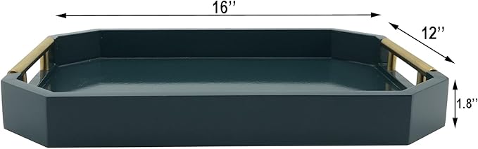 Serving Tray with Polished Metal Handles, Hexagon Coffee Table Tray, Modern Rectangle Decorative Tray, Large Ottoman Tray, Perfect for Storage and Display (Teal Rectangle)