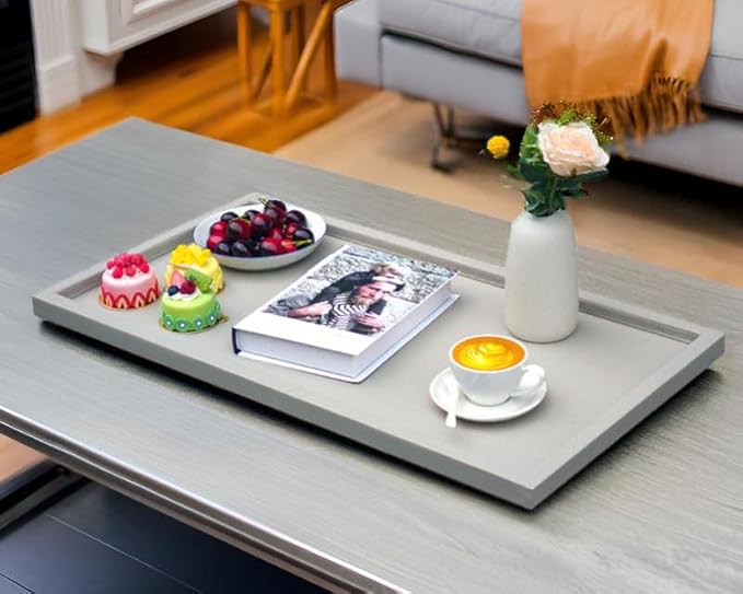 30 * 16 Inch Rectangular Ottoman Tray | Textured PU Leather, Waterproof & Heat-Resistant Storage for Coffee/Dining Tables, Sofa, Bed, Entertainment & Party (Tranquil Beige, 30 * 16in)