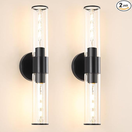 Matte Black Bathroom Sconces Wall Lighting, 2 Light Hardwired Bathroom Vanity Light, Modern Wall Sconce set of Two, Wall Mounted Light for Mirror, Makeup Vanity, Washroom, Hallway (Bulbs Not Included)