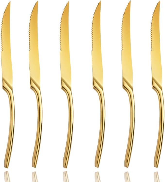 Lemeya Stainless Steel Gold Steak Knives Set of 6,Forge Steak Knife,Serrated Steak Knives Set,6 Piece Heavy Steak Knives-10 inch,Mirror Polished,Dishwasher Safe